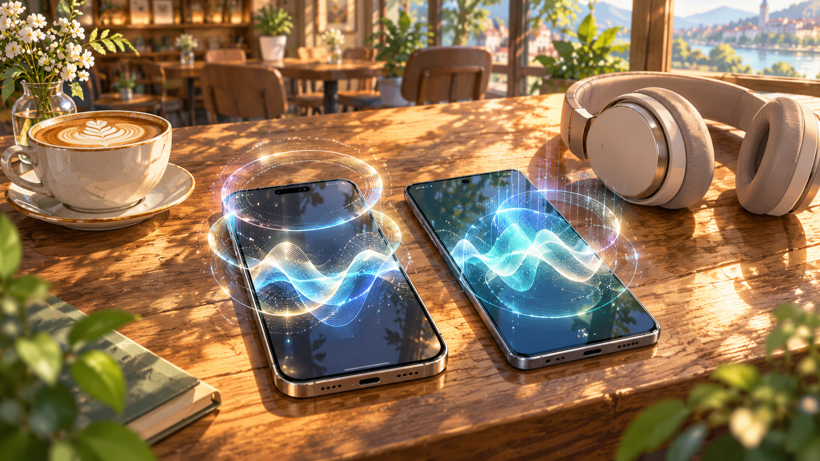 陽の差すカフェのテーブルに置かれた2台のスマートフォンとヘッドホン。画面の上に音声の波が広がるイラスト