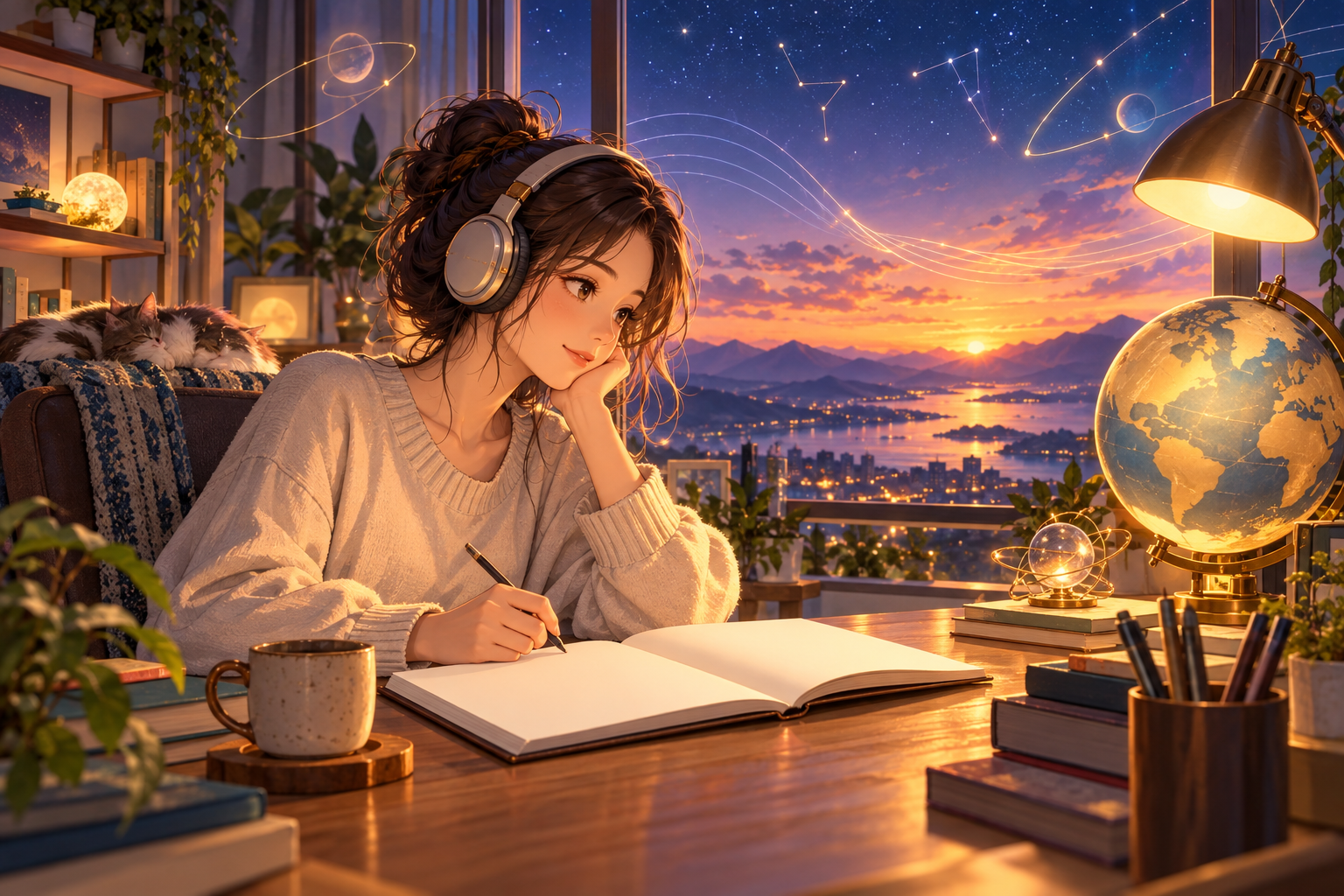 星空が広がる窓辺でヘッドホンを着け、ノートに書きながら学ぶ女性のイラスト
