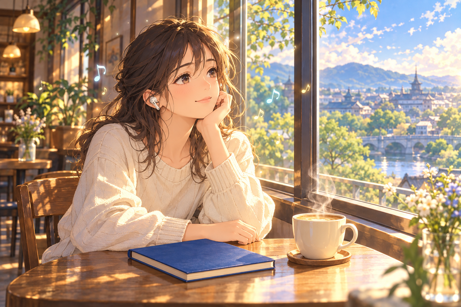 カフェの窓辺でイヤホンを着け、穏やかに学ぶ女性のイラスト