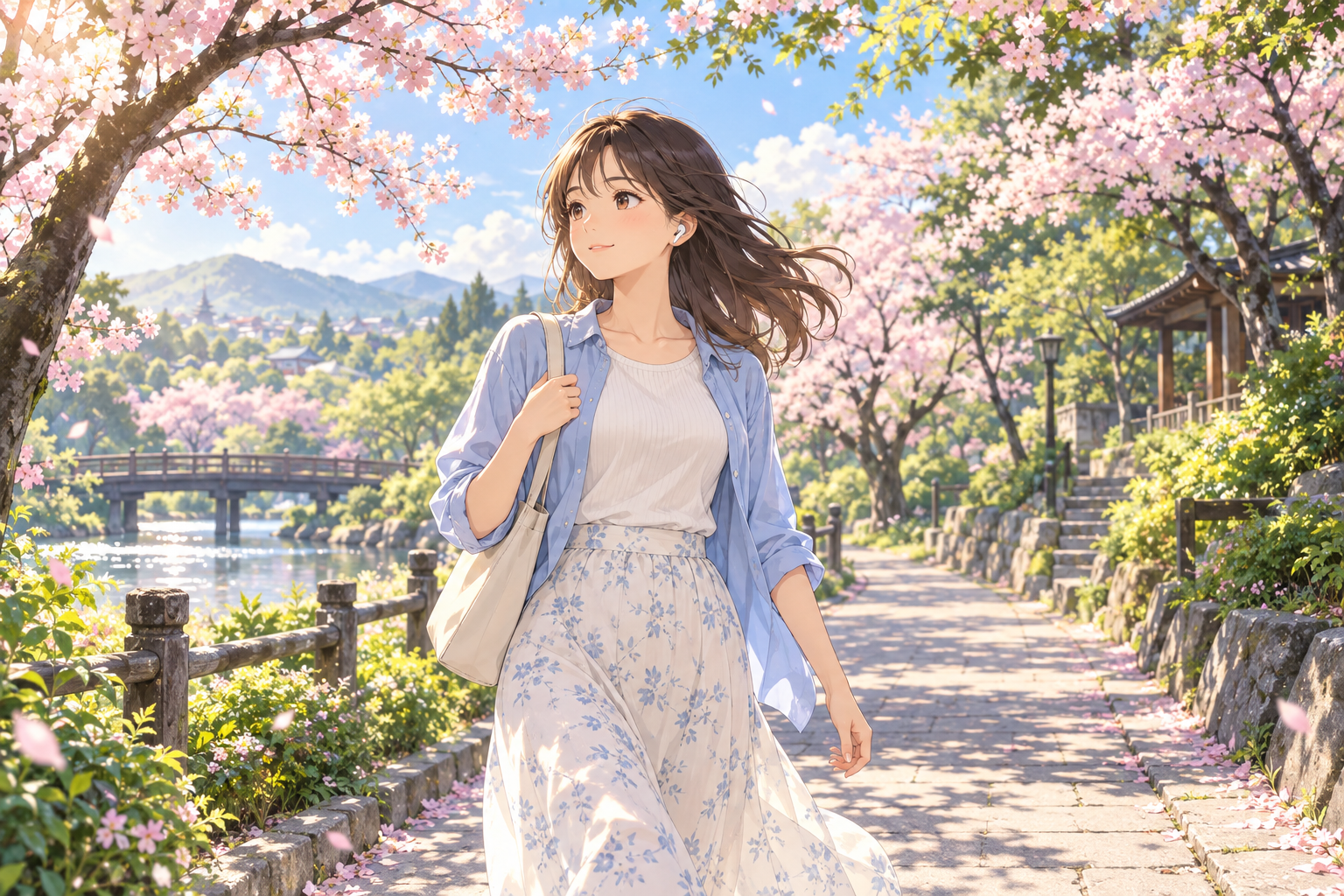 桜の咲く小道をイヤホンで学びながら散歩する女性のイラスト